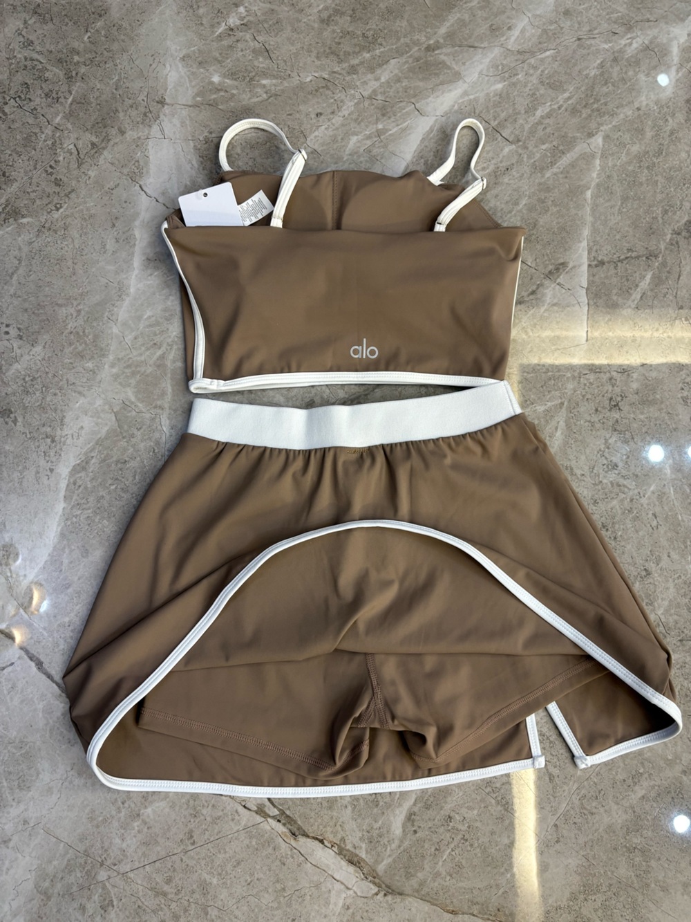 ALO Yoga Tan and White Backless Crop Top & Skirt Set - Picture 7 of 7